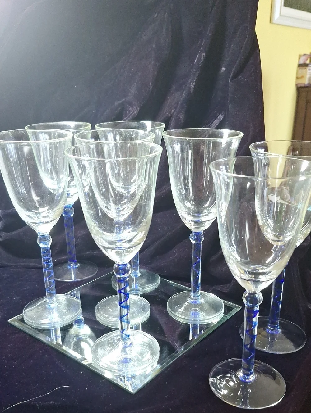 Blue Stem Crystal Wine Glasses - Set of 8